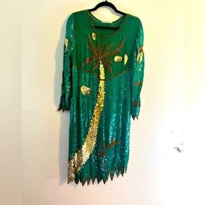 Emerald Green And Gold Sequin Asymmetrical Dress with  Palm Tree  *Hole/rip Vtg
